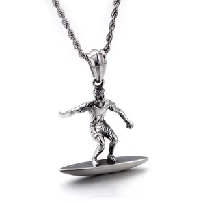 Surfer Pendant Stainless Steel Vintage Sporty Surfboard Figure Jewelry Punk Style Sports Themed Accessory For Men