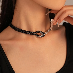 Asymmetric Contrast Color Beaded Rhinestone Necklace Knot Double Layer Alloy Crystal Gothic Fashion Jewelry For Women