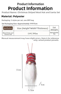 Detailed view of five Christmas gnome ornaments with striped knit hats and wooden noses