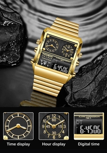Detail showing the dual display dial of the golden digital quartz watch on rock