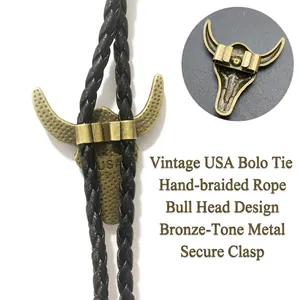 Vintage Bolo-Krawatte mit bronzenem Bullenkopf-Verschluss und geflochtener Lederkordel