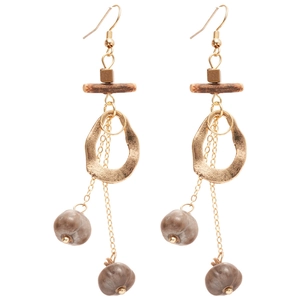 Ethnic wood geometric drop earrings with gold metal chain and tassel nut pendants
