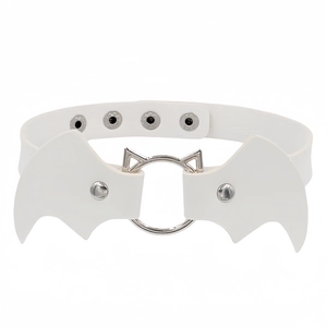 White PU leather choker with silver O-ring and bat wing details on a white background