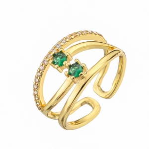 Minimalist gold geometric open ring featuring two green zircons and white diamond accents