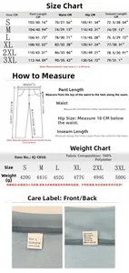 Detailed size chart and washing instructions for men's vintage cuffed casual pants
