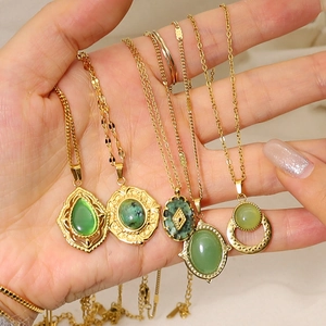 Vintage Natural Green Stone Pendant Necklace Stainless Steel 18K Gold Plated Bohemian Oval Waterdrop Shape For Women