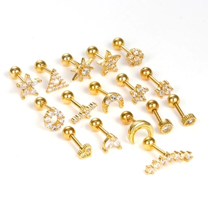 Set of stainless steel ear studs with stars, moons and hearts in gold zircon finish