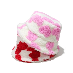 Women Winter Bucket Hat Thick Lamb Wool Fleece Warm Windproof Heart Pattern Sweet Style Fisherman Cap