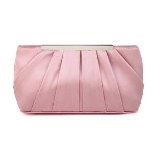 Detailed view of elegant pink pleated satin evening clutch bag with silver metal clasp