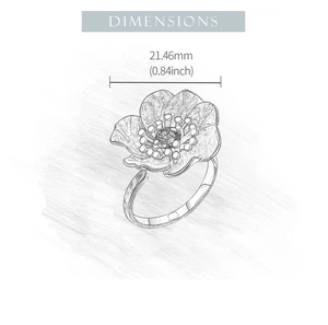 Detailed size chart showing the 21.46mm flower motif diameter of the silver ring