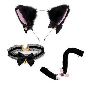 Detail of black faux fur cat ears headband with lace choker and plush bell tail set