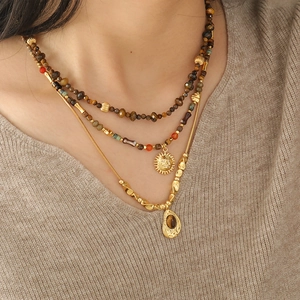 Vintage Maillard Style Tiger's Eye Stone Handmade Beaded Necklace Copper Sun Pendant Clavicle Chain For Women Jewelry Gift