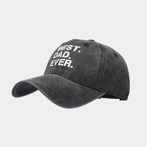 Detail of Best Dad Ever text on washed dark grey cotton vintage baseball cap