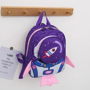 Purple rocket toddler backpack with safety leash and space wings on a clean background