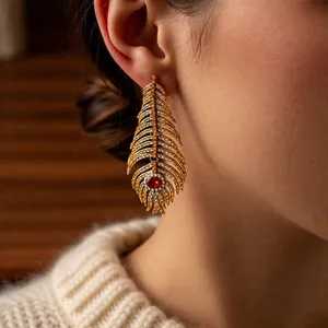 Vintage feather tassel earrings with gradient rhinestones and red ruby detail for women
