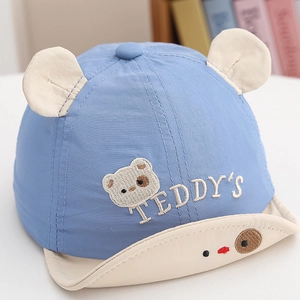 Baby teddy bear sun hat with cute ears and embroidery on a blue breathable soft brim cap