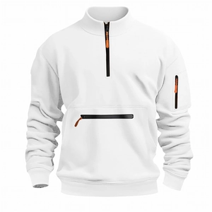 Detail of men's white fleece sweatshirt featuring half-zip stand collar and tactical sleeve pocket