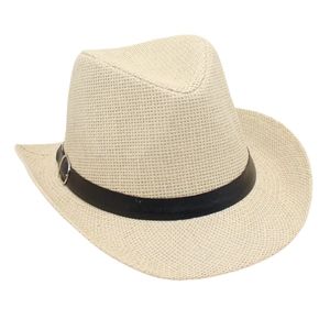Close-up of beige woven straw cowboy hat featuring a black faux leather band with metal buckle