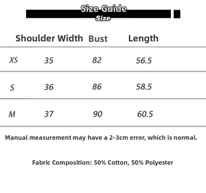 Size guide for vintage polo shirt with fabric details in XS, S, M, 50% cotton