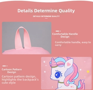 Pink toddler backpack featuring a durable webbing handle and a cute unicorn graphic print
