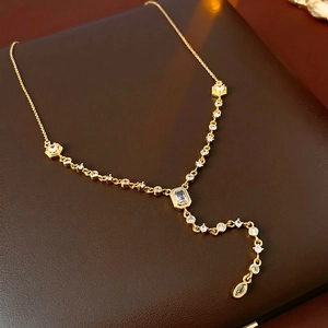 Real Gold Plated Copper Y-Shaped Tassel Necklace Elegant Zircon Inlaid Geometric Pendant Jewelry For Women