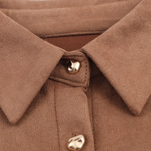 Brown faux suede shirt dress with elegant mirror embroidery and metallic button detail