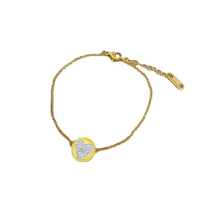 Elegant gold titanium steel bracelet with a crystal-studded heart and round plate charm