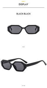 Front and 45-degree side display of vintage polygonal black sunglasses with premium frames