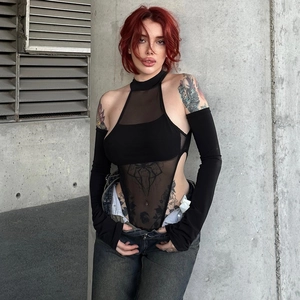 Mesh Bodysuit Mit Unabhängigen Ärmeln Neckholder Schwarz Durchsichtig Hohe Elastizität Sexy Gothic Streetwear Für Damen