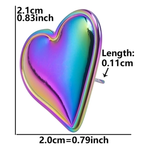 Detail showing heart earring dimensions with 2.1cm height and iridescent finish
