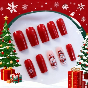 Christmas press-on nails set with red pearlescent finish, cute snowman and white snowflakes