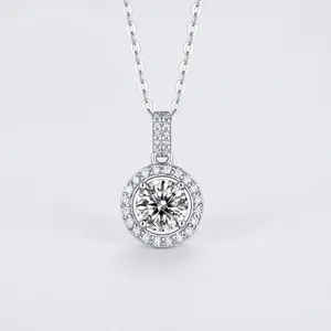 Round Halo Moissanite Necklace 925 Sterling Silver Brilliant Cut Pendant Chain Elegant Jewelry Gift For Women