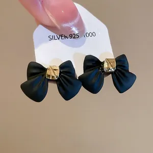 Matte Black Bow Stud Earrings For Women Retro Sweet Elegant Alloy Jewelry With Silver Earring Post Gold Decor