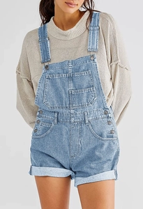Close-up of light blue denim overalls showing side buttons and pocket detail with sweater