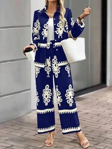 Ensemble 2 pièces pour femmes avec chemise à manches longues et pantalon large bleu marine