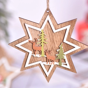 Star-shaped wooden Christmas tree ornament with 3D reindeer and forest scene
