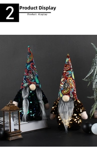 Macro detail of Halloween gnome decorations with sequined bodies and paisley hats