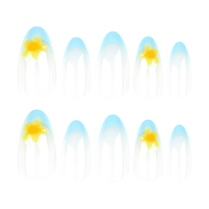 Short round press-on nails with light blue French tips and yellow tropical floral design
