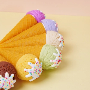 Colorful PVC artificial ice cream cones with realistic cream and sprinkle details