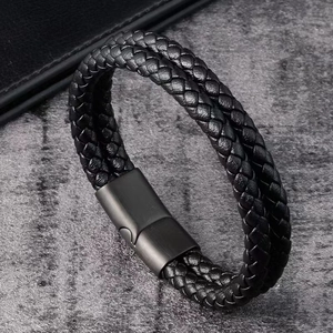 Retro black woven leather bracelet for men with magnetic matte black metal clasp