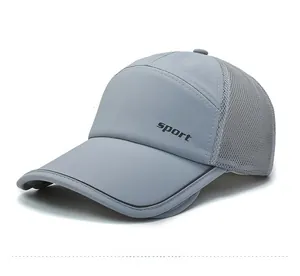 Detail of grey outdoor sports cap featuring breathable mesh and sport lettering
