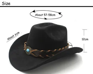 Detailed size chart for black suede cowboy hat with turquoise western band ornament