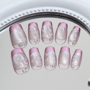 French style purple leaf press-on nails with cat-eye glitter and metallic tips