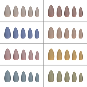 Short matte press-on nails in Morandi colors like grey, blue, and pink in a 2x4 grid