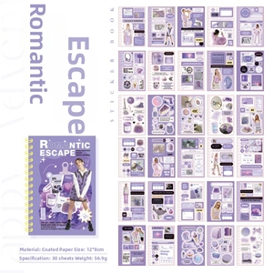 Detail of 30-sheet purple vintage sticker book made of high-quality coated paper