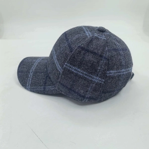Winter plaid baseball cap with warm ear protection in grey and blue wool blend fabric