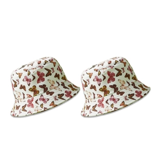 Pair of stylish white bucket hats featuring a colorful all-over butterfly print for women