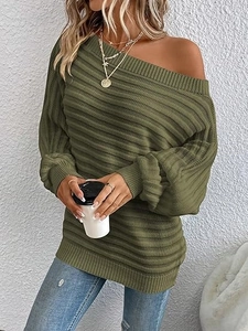 Women Knit Pullover Sweater Off Shoulder Slash Neck Batwing Sleeve Ribbed Solid Color Long Sleeve Loose Casual