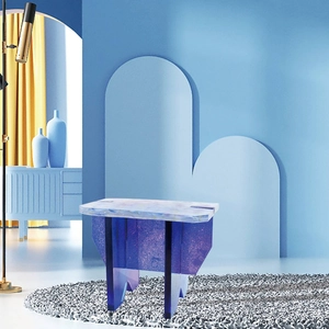 Modern square epoxy stool with lavender floral top and blue acrylic geometric base