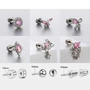 Pink Zircon Helix Cartilage Earrings Titanium Steel Copper Screw Back Heart Butterfly Studs Jewelry For Women